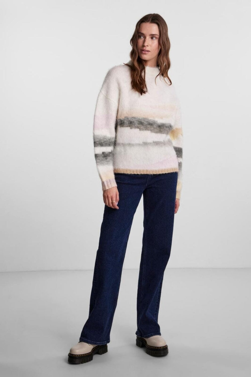 Pieces - Pcjeria Ls High Neck Jacquard Knit - 4312932 Cloud Dancer Strikbluser 