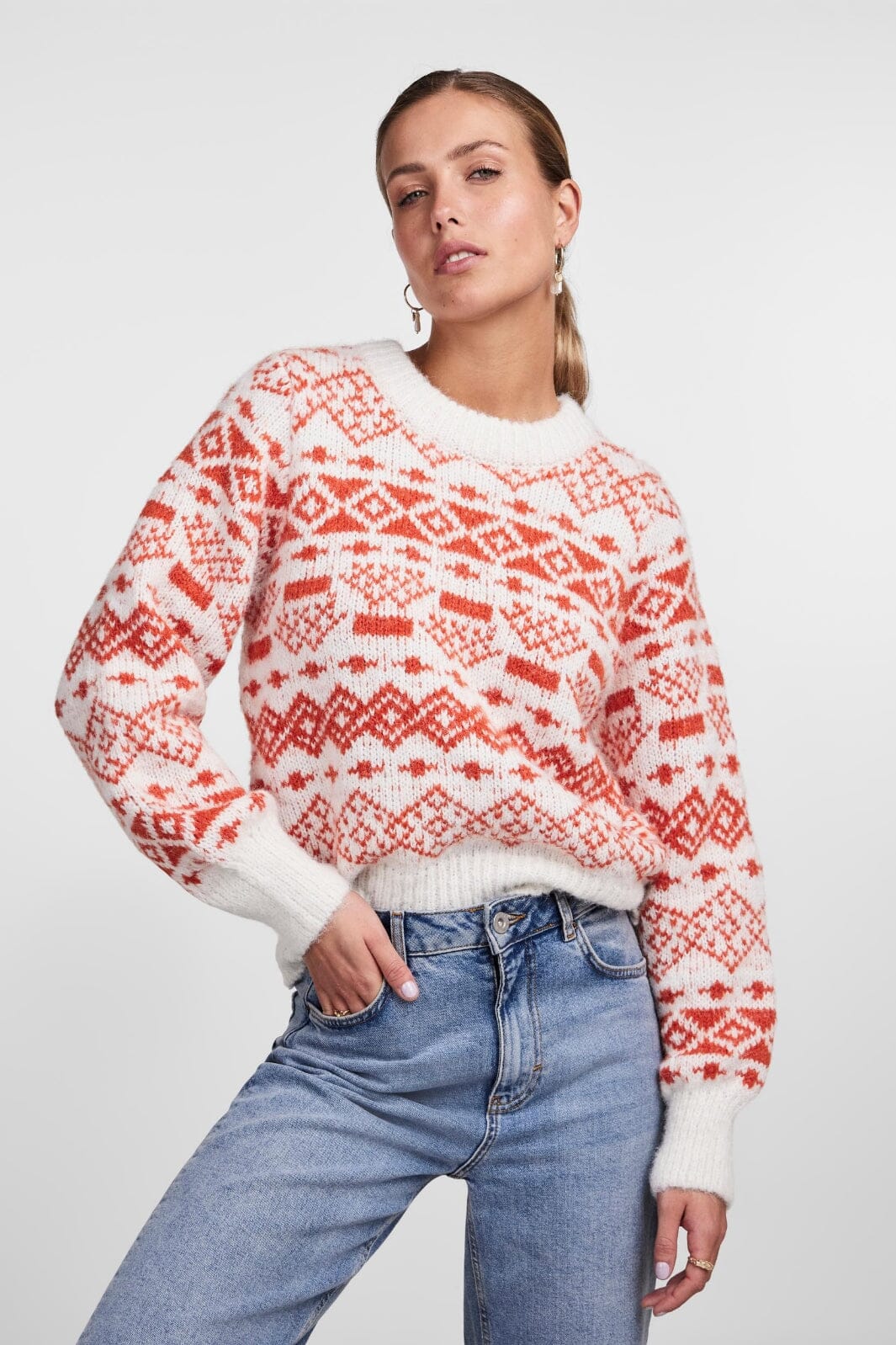 Pieces - Pcjianna Ls O-Neck Knit - 4311914 Cloud Dancer Red Clay Strikbluser 