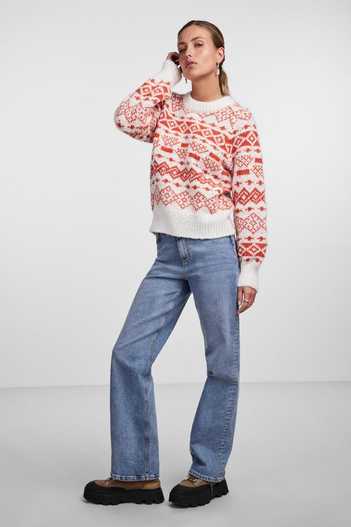 Pieces - Pcjianna Ls O-Neck Knit - 4311914 Cloud Dancer Red Clay Strikbluser 