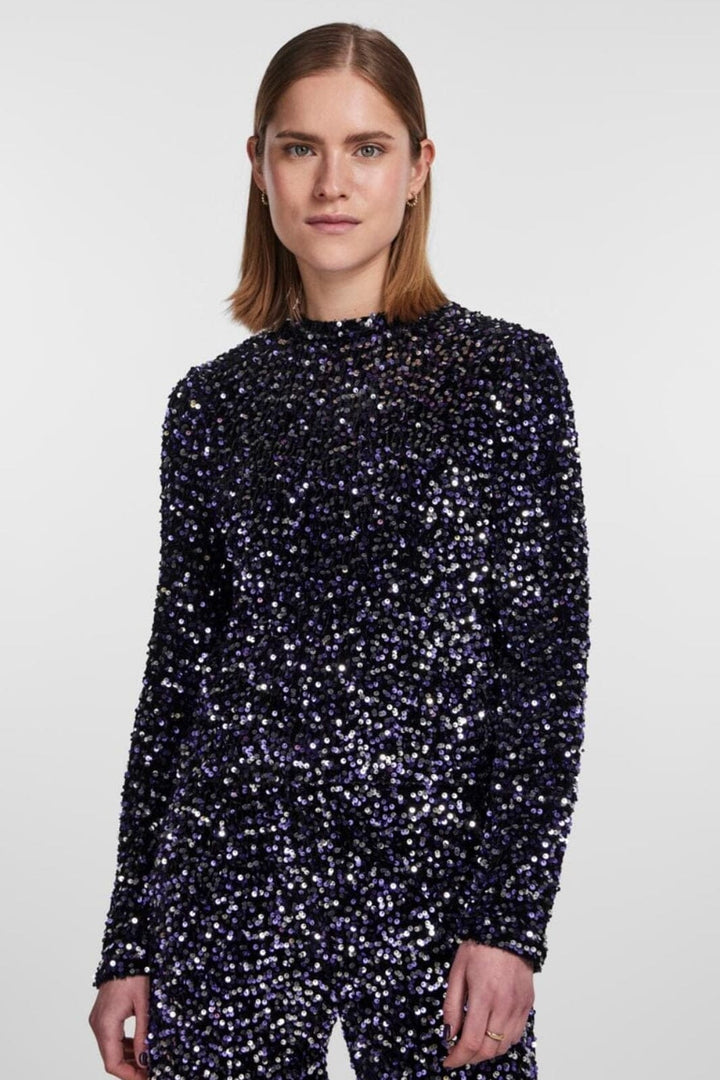 Pieces - Pckam Ls Top - 4368517 Black Purple silver sequins Bluser 