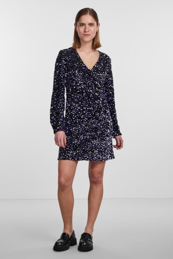 Pieces - Pckam Ls Wrap Dress - 4372295 Black Purple Silver Sequins Kjoler 