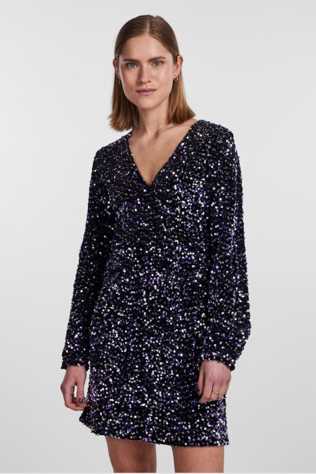 Pieces - Pckam Ls Wrap Dress - 4372295 Black Purple Silver Sequins Kjoler 