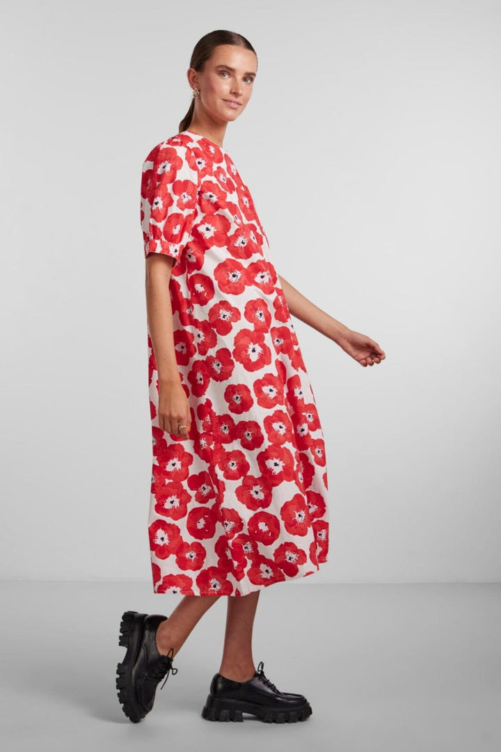 Pieces - Pckhalia Ss Midi Dress - Poppy Red Big flower Kjoler 