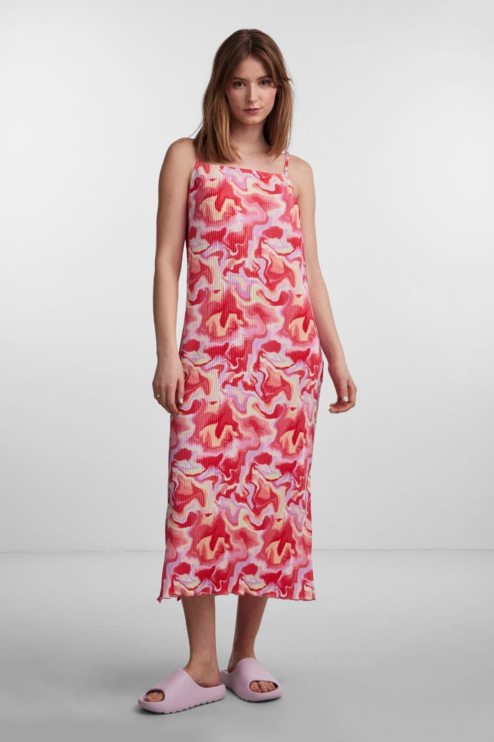 Pieces - Pcmuna Sl Midi Slip Dress Pb - 4361877 Hot Coral Abstract Kjoler 