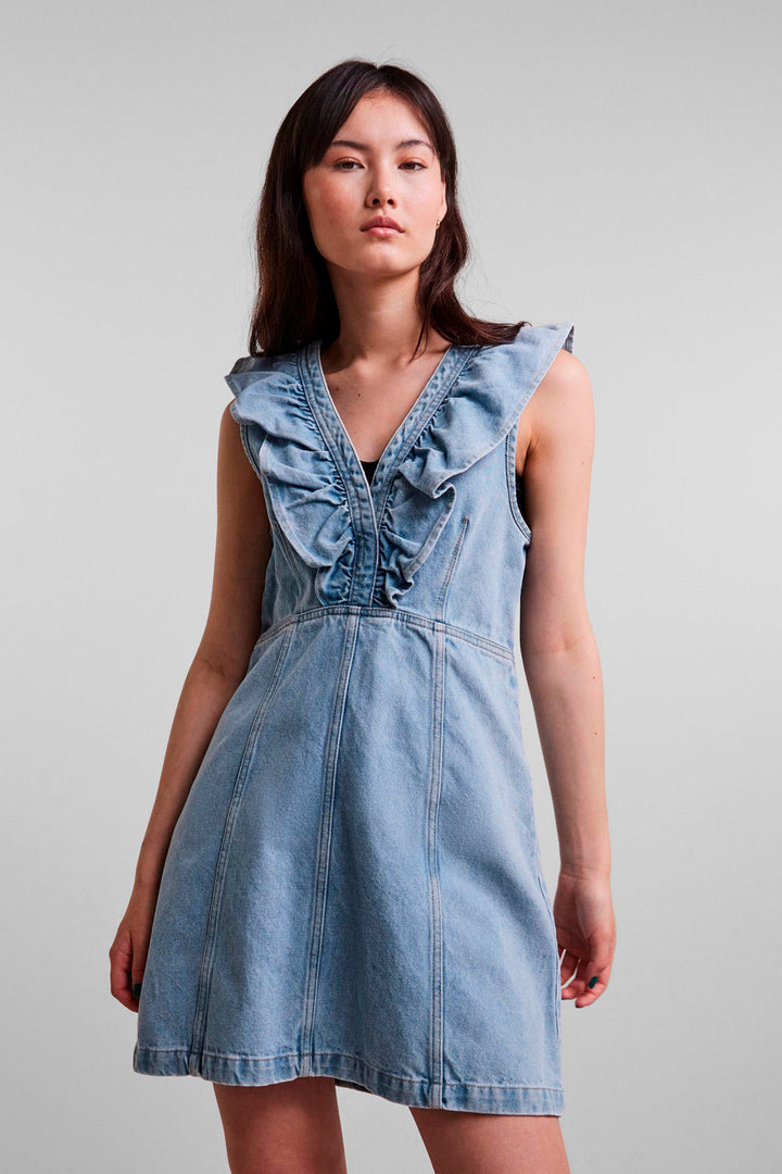 Pieces - Pcnamir Sl Ruffle Dress Lb Bc - Light Blue Denim Kjoler 