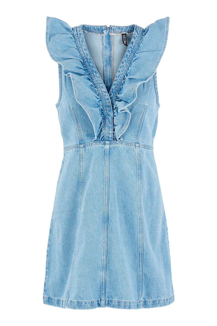 Pieces - Pcnamir Sl Ruffle Dress Lb Bc - Light Blue Denim Kjoler 