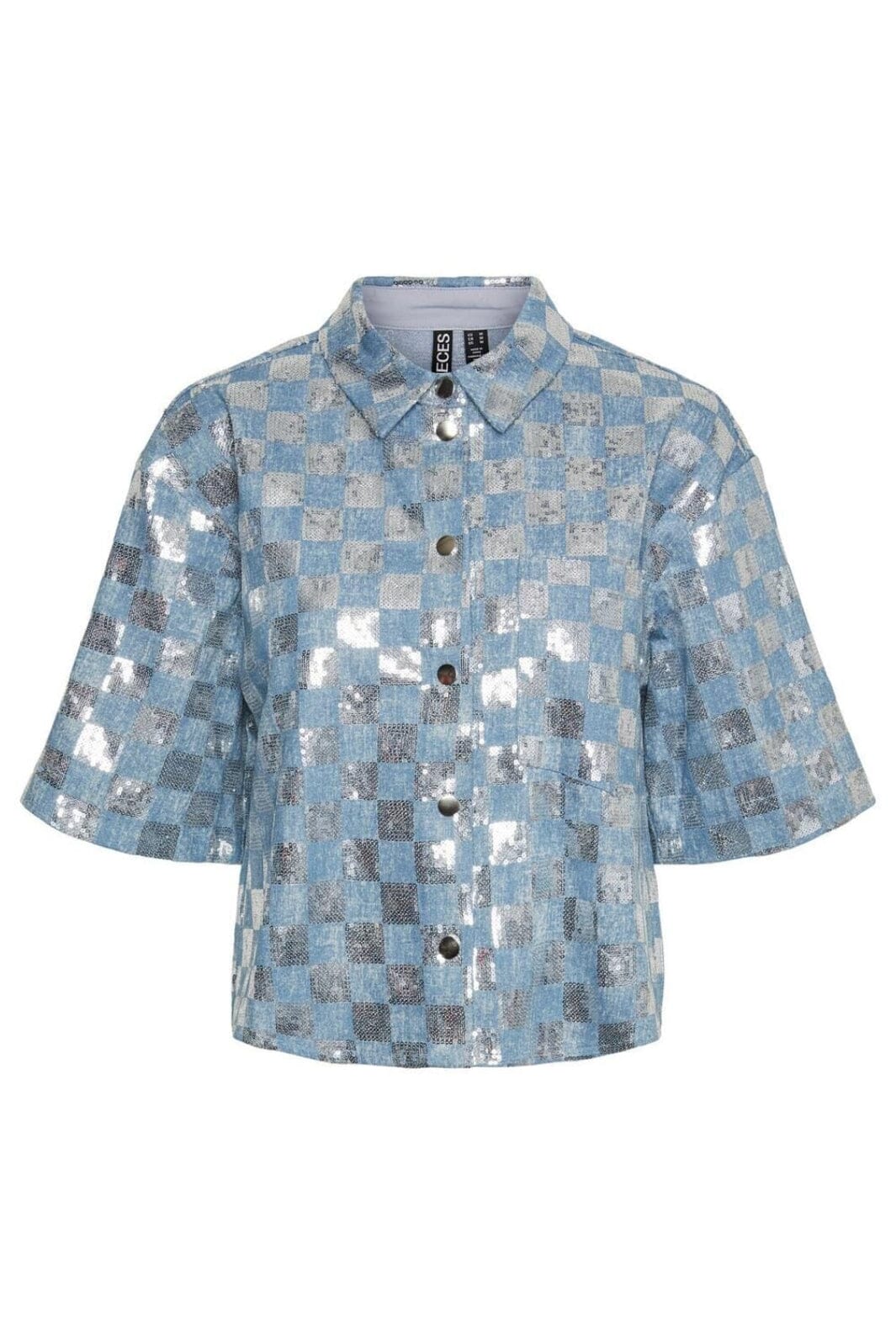 Pieces - Pcnellie Ss Shirt - 4497373 Light Blue Denim Silver Sequins Skjorter 