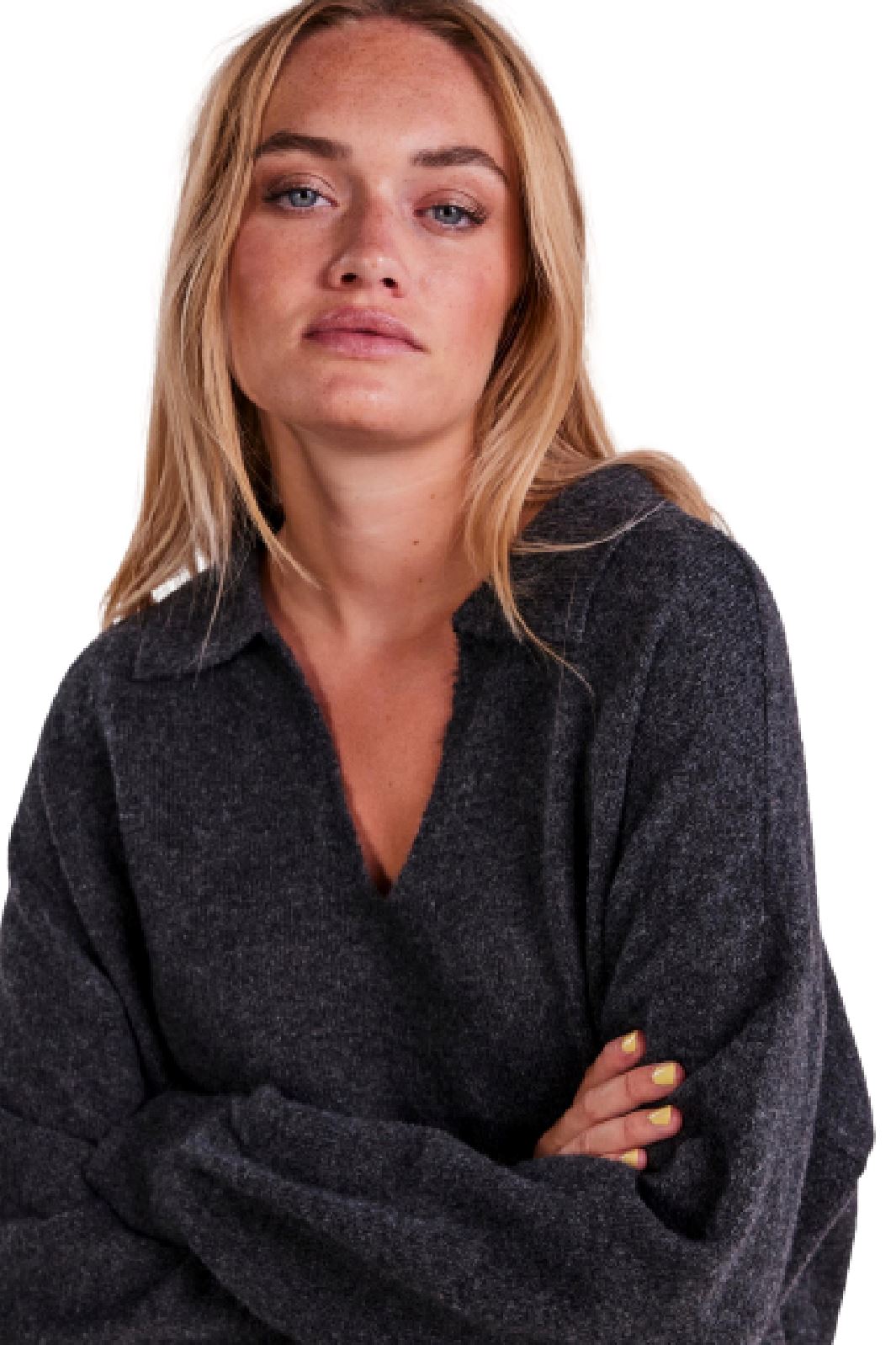 Pieces - Pcnoola Ls Oversize Polo Knit - Dark Grey Melange Strikbluser 