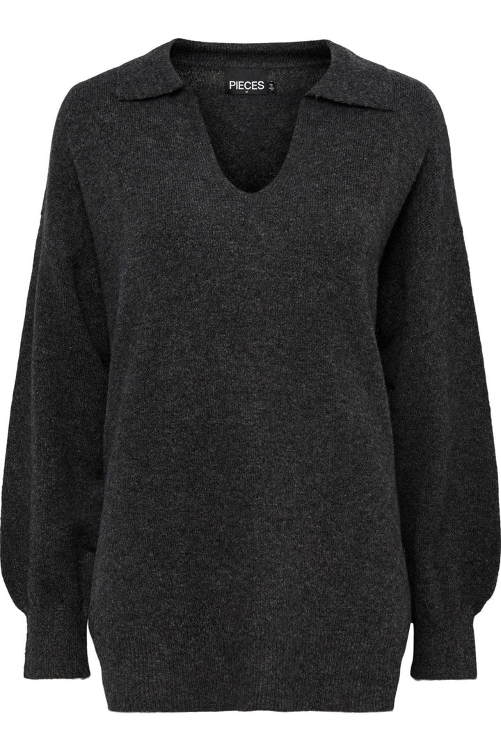 Pieces - Pcnoola Ls Oversize Polo Knit - Dark Grey Melange Strikbluser 