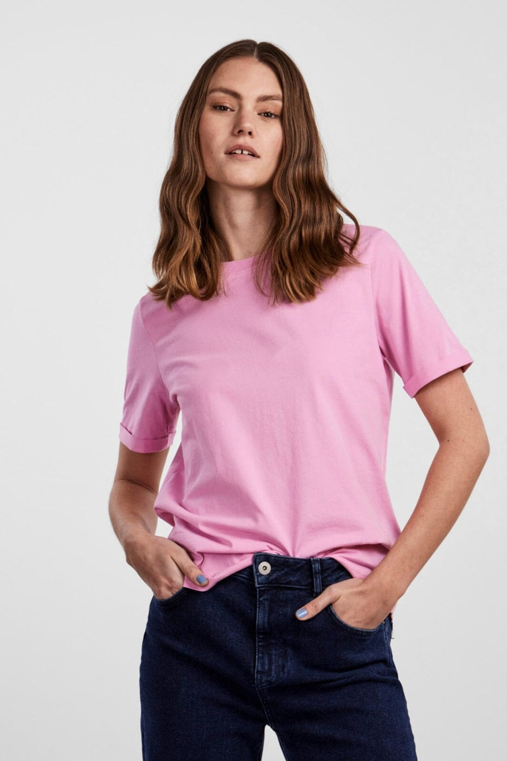Pieces - Pcria Ss Fold Up Solid Tee Bc - Begonia Pink T-shirts 