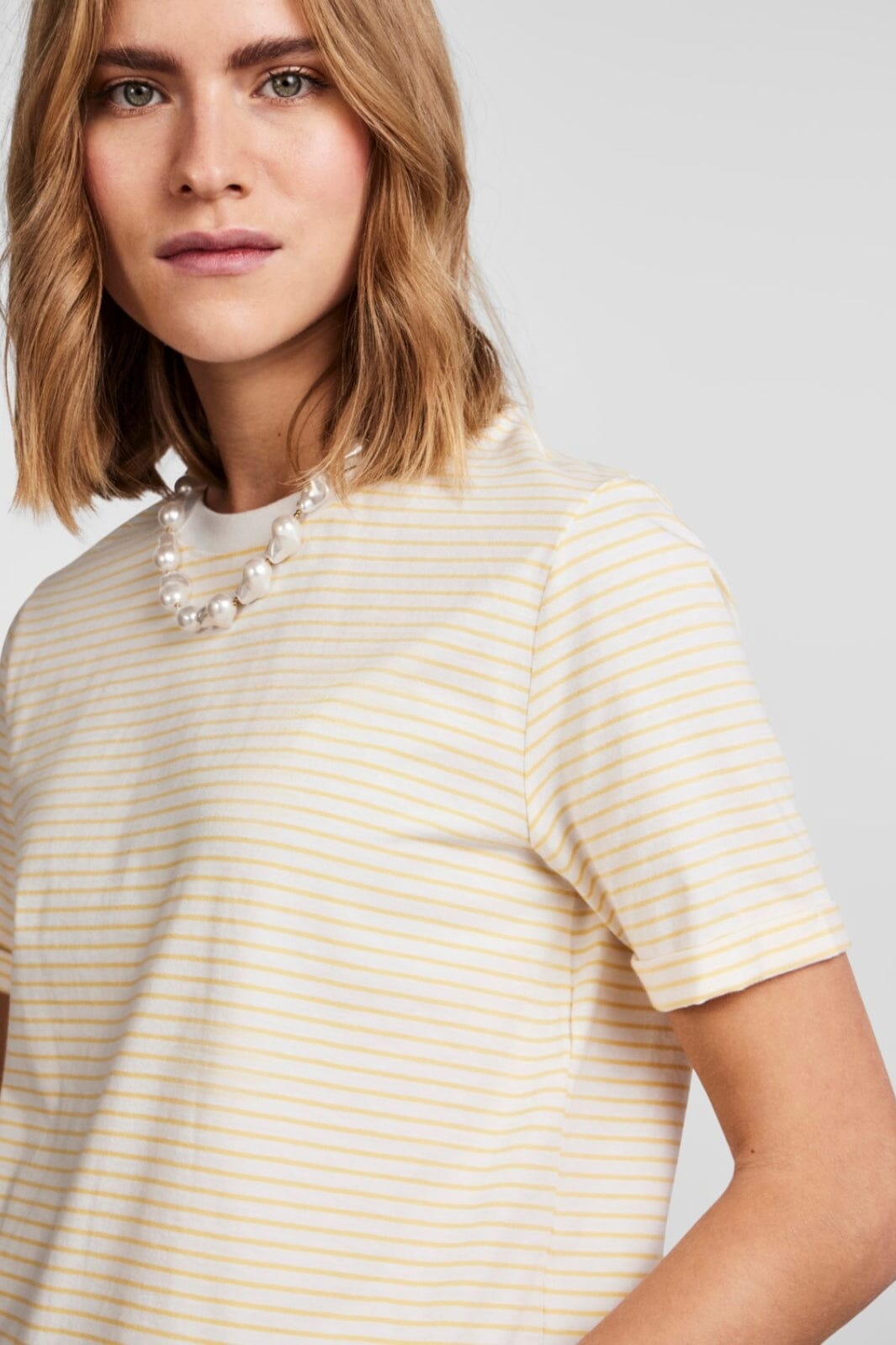 Pieces - Pcria Ss Fold Up Tee Stripes Bc - Bright White Stripes:Flax T-shirts 