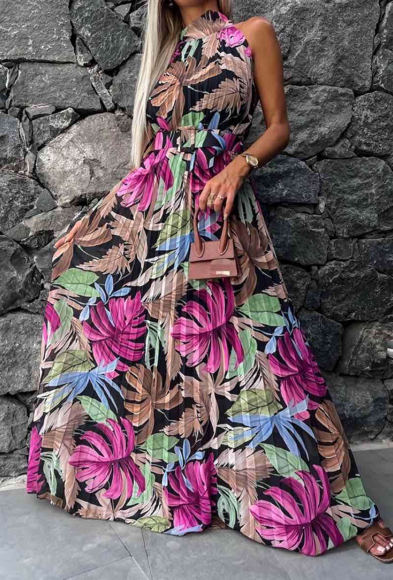 Printed Maxi Dress 6135A - Black Kjoler 