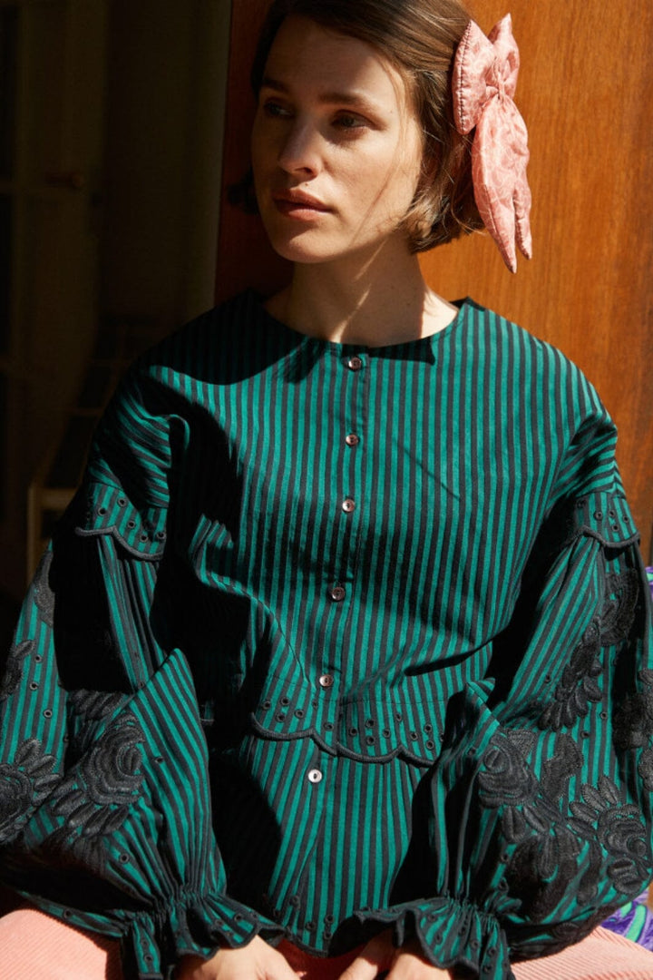 Sissel Edelbo - Mathilde Organic Cotton Top - Emerald Stripe Bluser 