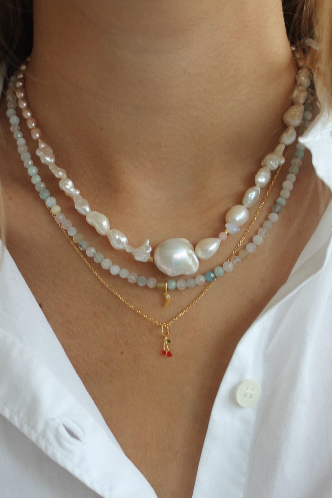 Stine A - Chunky Glamour Pearl Necklace - White & Rose - 2049-02-Os Halskæder 