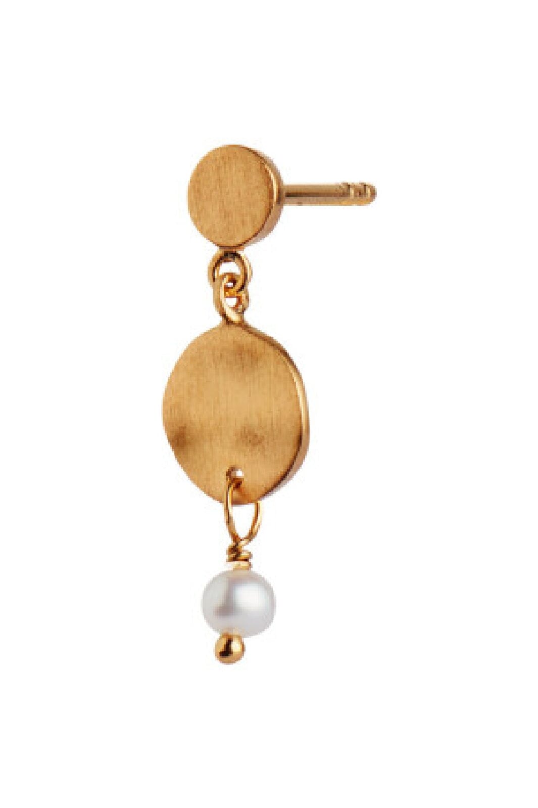 Stine A - Petit Hammered Coin And Stone Earring Gold - Pearl - 1167-02-S-Pearl Øreringe 