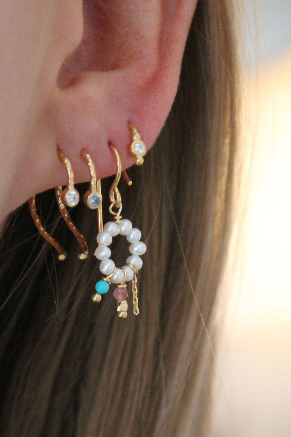 Stine A - Petit Heavenly Pearl Dream Earring Gold – Turquoise & Pink Stones & Chain - 1286-02-S Smykker 