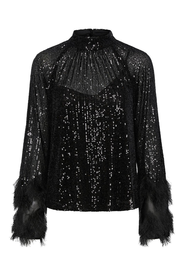 Y.A.S, Yasflow Sequin Ls Top Show, Black W. BLACK FAKE FEATHERS