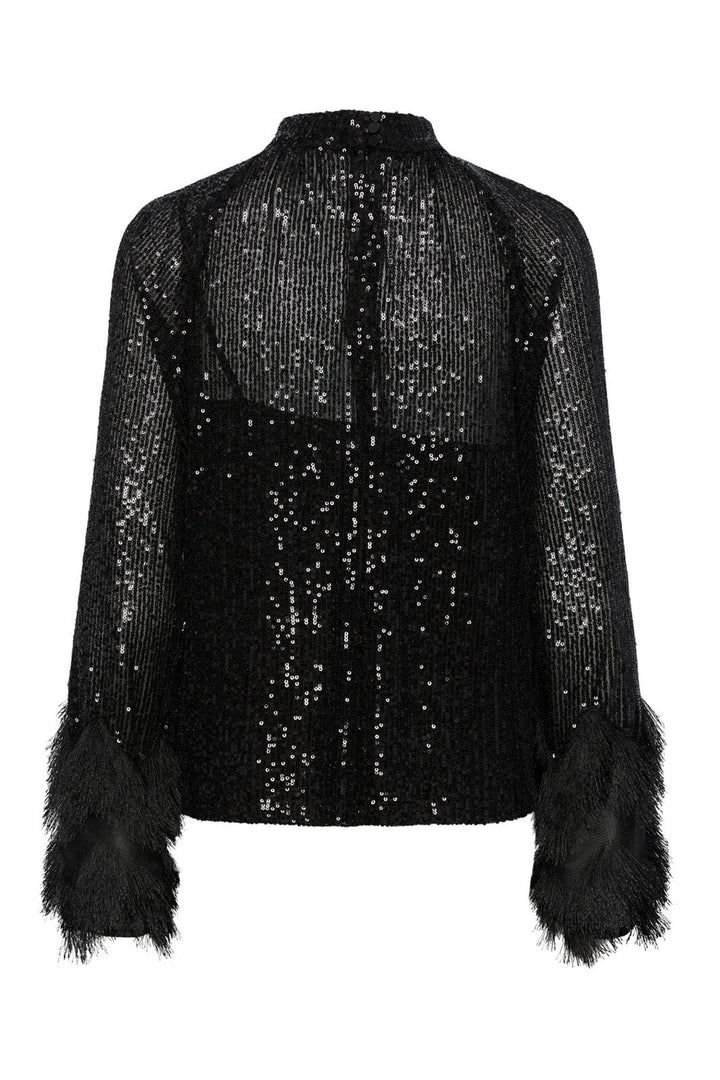 Y.A.S, Yasflow Sequin Ls Top Show, Black W. BLACK FAKE FEATHERS