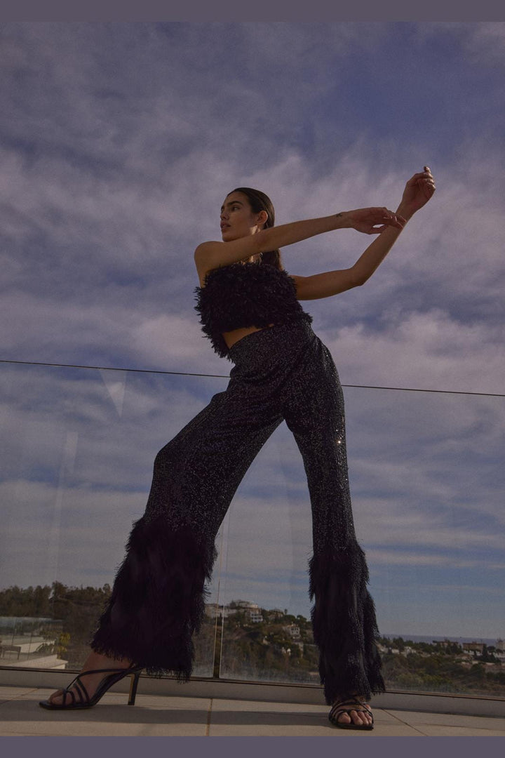 Y.A.S, Yasflow Sequin Hw Wide Pants Show, Black W. BLACK FAKE FEATHER